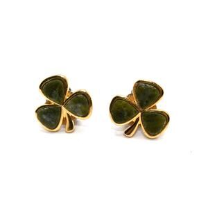 Vintage Chrysoprase Clover Clip Earrings Gold Tone Lucky Shamrock